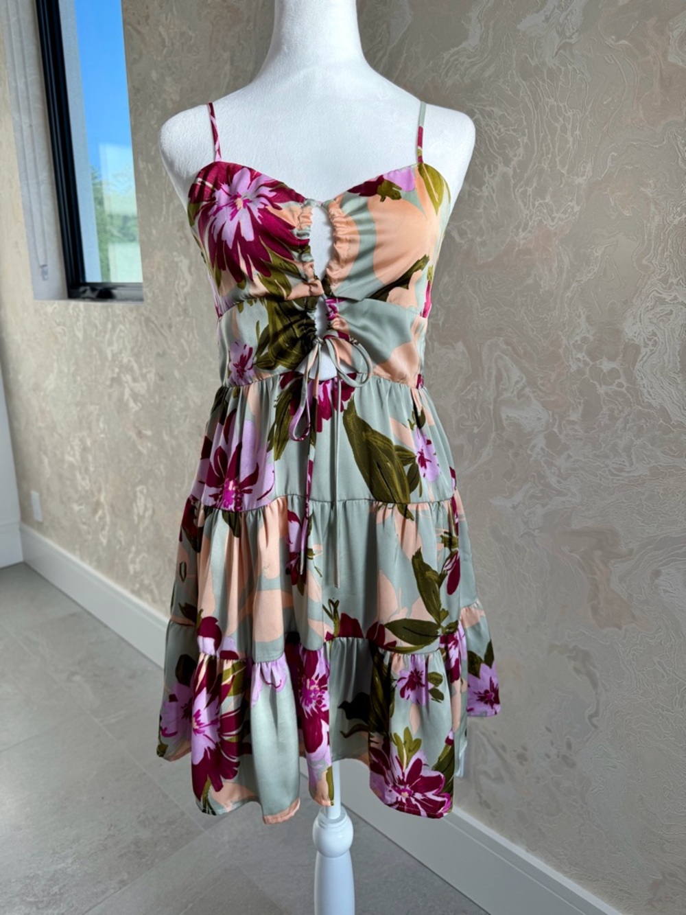 Floral Tiered Dress with Spaghetti Straps in Sage and Pink- size M - NWT